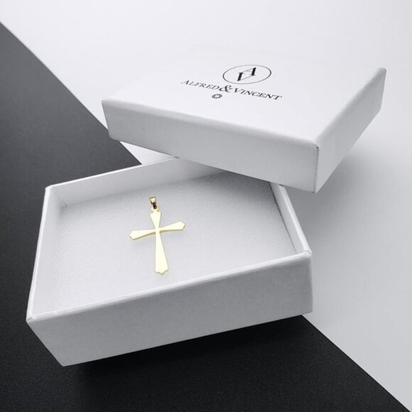 St Thomas Botonee Modern Budded Christian Cross Pendant in Real 14k Yellow Gold - Picture 2 of 3
